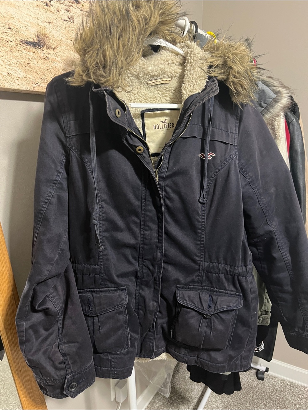 Hollister Navy Faux-Fur Trim Sherpa-Lined Utility Jacket